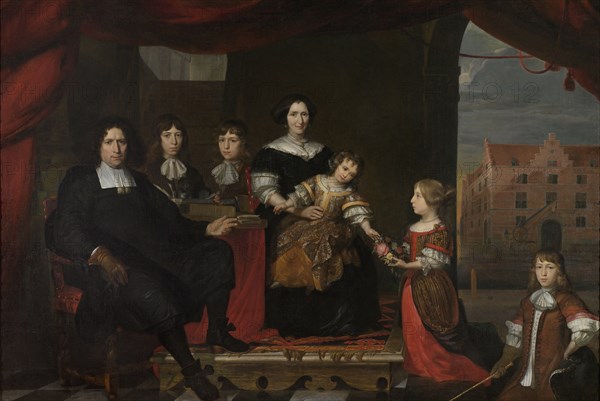 Family Portrait of Reyer Reyersz van der Burch, Clerk of the Generality Ammunition Depots in Delft, with this Wife Geertruid Graswinckel and their Children Frank, Cornelis, Reyer, Maria and Alida, attributed to Cornelis de Man, 1670 - 1680