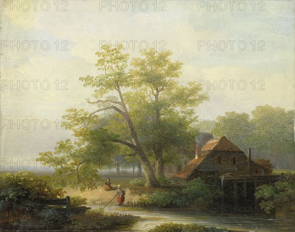 Water Mill in a Wooded Landscape, Lodewijk Hendrik Arends, 1854