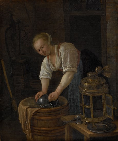 Woman scouring metalware, Jan Havicksz. Steen, 1650 - 1660