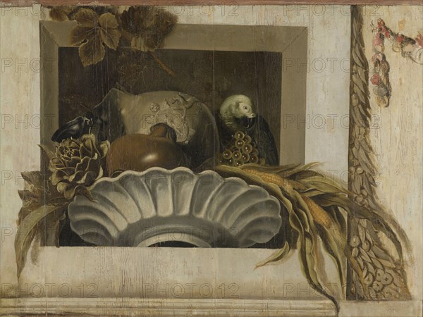 Still Life with a Bowl of Corn, Artichokes, Grapes and a Parrot, Jacob van Campen, 1645 - 1650