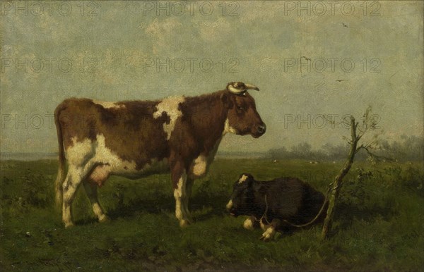 A cow with her calf in a meadow, Jan Vrolijk, 1879