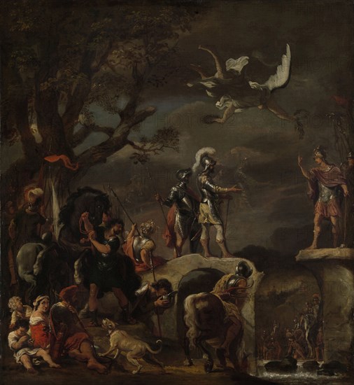Peace Negotiations between Claudius Civilis and Cerealis on the Demolished Bridge. Fame, Fama Floats in the Sky above, Ferdinand Bol, 1658 - 1662