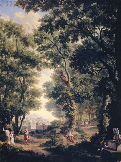 Arcadian Landscape, one of a series of ten murals in the garden room of the main floor of the Amsterdam house Herengracht 524, Jurriaan Andriessen, 1771