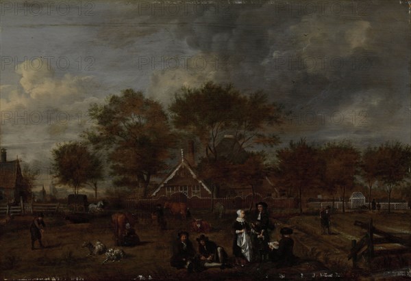 Farmstead with the Gentleman Farmer and his Wife and the Painter in the foreground, Jan Pietersz Opperdoes, 1650 - 1680