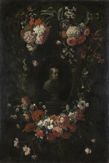 Garland of Flowers surrounding Portrait of Hieronymus van Weert, Martyr of Gorkum, David Teniers, II, before 1676