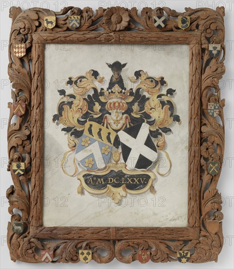 The alliance weapons of Jan Boudaen Courten en Anna Maria Hoeufft, great-grandparents of Jacob Verheye van Citters, in a carved wooden frame with the weapons of the sixteen quarters of the couple, Justus van Attevelt, 1775