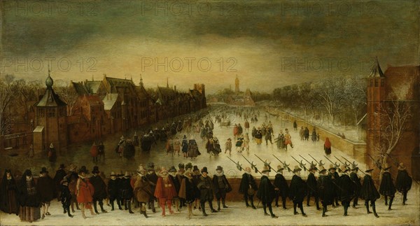 Stadtholder Maurice with his Bodyguard and Entourage at the Frozen Hofvijver in The Hague, Adam van Breen, 1618