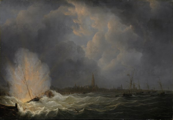 Explosion at Antwerp of Dutch Gunboat No. 2, Commanded by Jan van Speyk, 5 February 1831, Belgium, Martinus Schouman, 1832