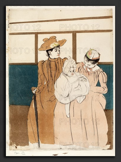 Mary Cassatt, In the Omnibus, American, 1844 - 1926, c. 1891, soft-ground etching, drypoint, and aquatint in blue, brown, tan, light orange, yellow-green, red, and black