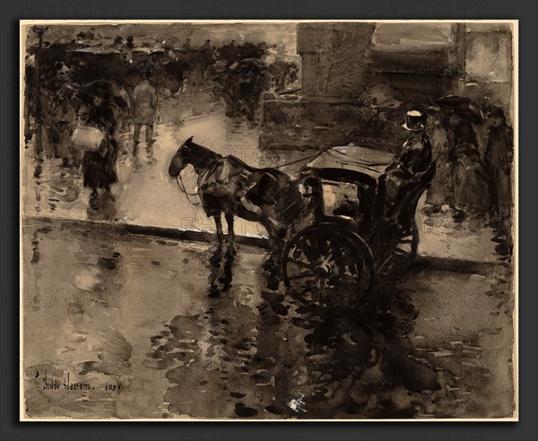 Childe Hassam, The Up-Tide on the Avenue, American, 1859 - 1935, probably 1890, black and gray wash with white heightening