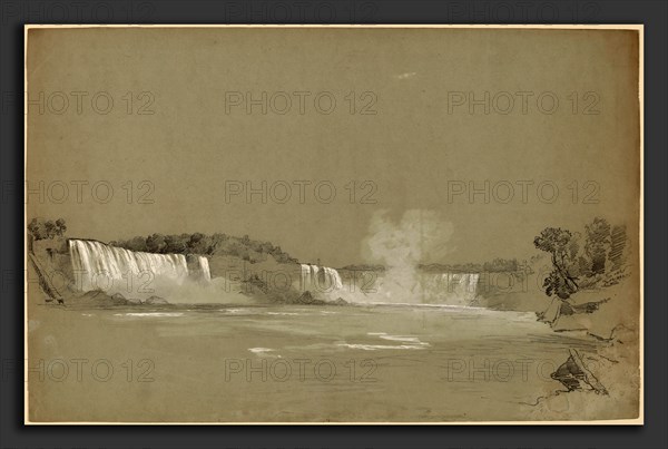 Régis FranÃ§ois Gignoux, Niagara Falls, American, born France, 1816 - 1882, graphite and white gouache on green-gray wove paper