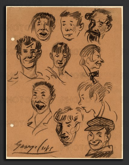 George Benjamin Luks, Ten Heads, American, 1866 - 1933, probably c. 1905, black chalk on tan wove paper