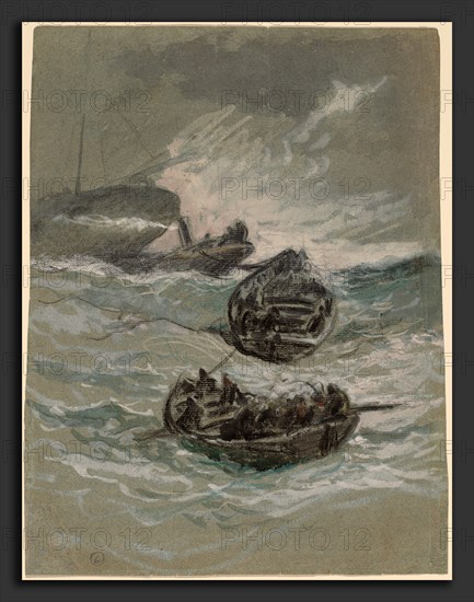 Elihu Vedder, The Shipwreck, American, 1836 - 1923, c. 1880, charcoal, watercolor, and gouache on blue laid paper