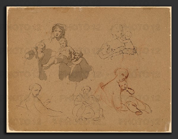 Thomas Sully, Studies: Major Thomas Biddle and Thomas Wilcocks Sully, American, 1783 - 1872, 1820, pen and brown ink over graphite on gray laid paper