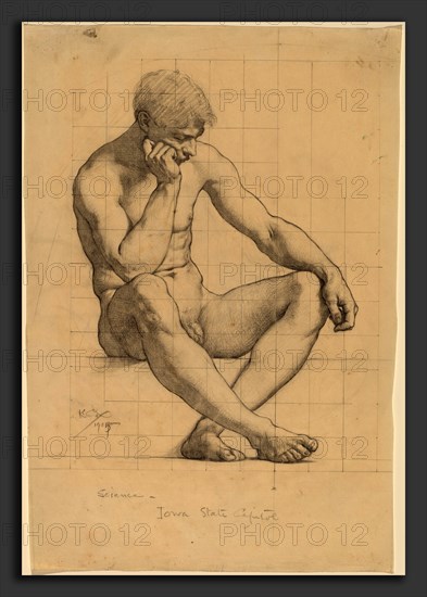Kenyon Cox, Seated Male Nude: Study for "Science" - Iowa State Capitol, American, 1856 - 1919, 1905, graphite on laid paper, squared with graphite