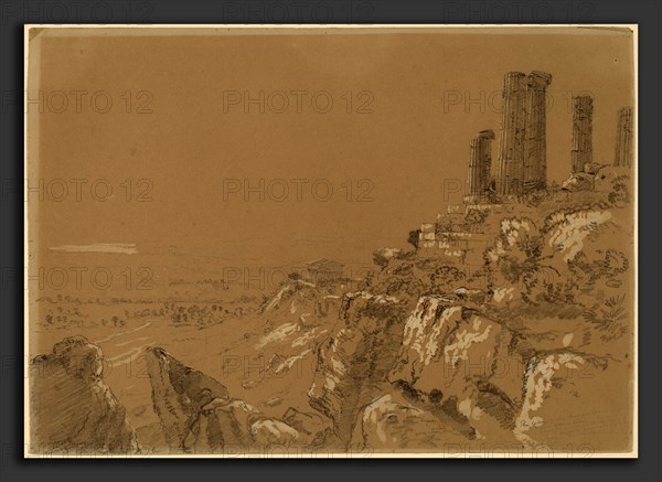 Thomas Cole, Temples of Juno, Lucina, and Concordia - Agrigentum, Sicily, American, 1801 - 1848, 1842, graphite with white gouache on brown paper
