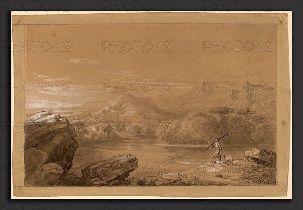 Thomas Cole, The Good Shepherd, American, 1801 - 1848, 1847, graphite and pen and ink with tan and gray wash, heightened with white, on laid paper