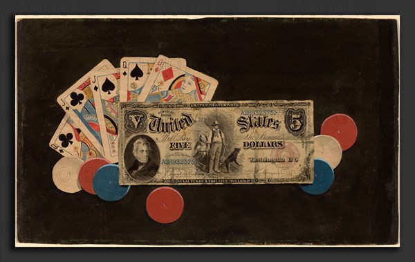 American 19th Century, Trompe l'Oeil: A Full House with Chips and a $5 Bill, c. 1895, watercolor over graphite mounted on cardboard