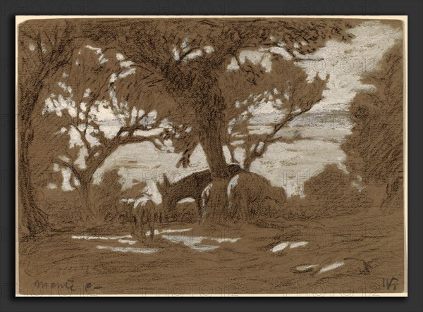 Elihu Vedder, Mt. Colognola - Sheep Grazing on Lake Trasimeno, American, 1836 - 1923, c. 1878, gouache and charcoal on light brown paper