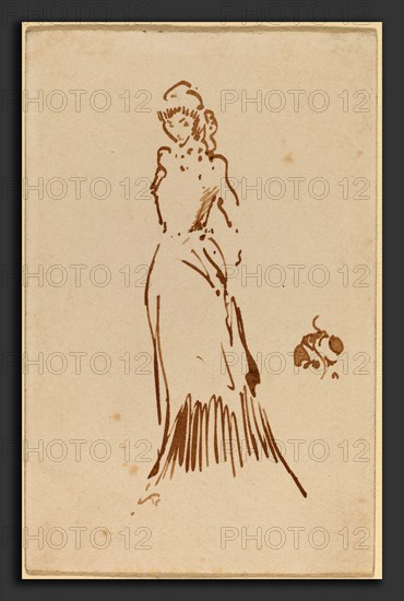 James McNeill Whistler, Standing Female Figure, American, 1834 - 1903, c. 1883, pen and brown ink on the back of a printed calling card for Mrs. Henry B. Callander, 72, Cadogan Place