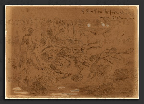 Winslow Homer, A Shell in the Trenches before Richmond [recto], American, 1836 - 1910, c. 1862, charcoal and graphite with watercolor on wove paper