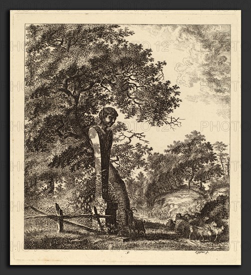 Salomon Gessner, Wooded Landscape with a Herd of Goats and a Herm, Swiss, 1730 - 1788, 1764, etching on laid paper tinted pale blue
