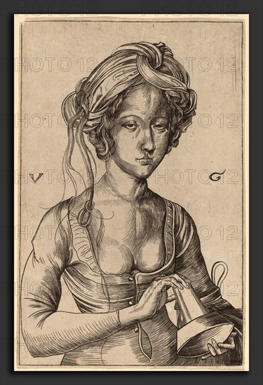 Urs Graf I after Martin Schongauer, A Bust Figure of a Foolish Virgin  Holding Her Inverted Lamp, Swiss, c. 1485 - 1527-1529, engraving