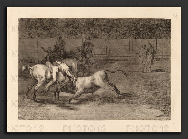 Francisco de Goya, Mariano Ceballos, alias el Indio, mata el toro desde su caballo (Mariano Ceballos, Alias the Indian, Kills the Bull from His Horse), Spanish, 1746 - 1828, in or before 1816, etching and burnished aquatint [first edition impression]