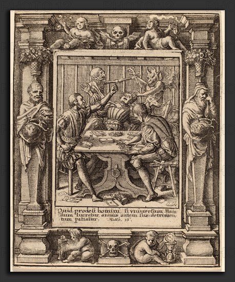 Wenceslaus Hollar after Hans Holbein the Younger after Abraham van Diepenbeeck (Bohemian, 1607 - 1677), Gamesters, 1651, etching with border "Democritus and Heraclitus"