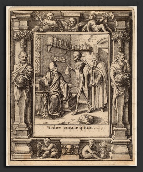 Wenceslaus Hollar after Hans Holbein the Younger after Abraham van Diepenbeeck (Bohemian, 1607 - 1677), Doctor, 1651, etching with border "Democritus and Heraclitus"