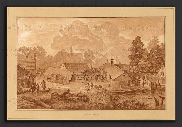 Cornelis Ploos van Amstel and Cornelis Brouwer after Allart van Everdingen (Dutch, active second half 18th century), Village with Pond, c. 1782, transfer technique (aquatint?) with some roulette work in red-brown