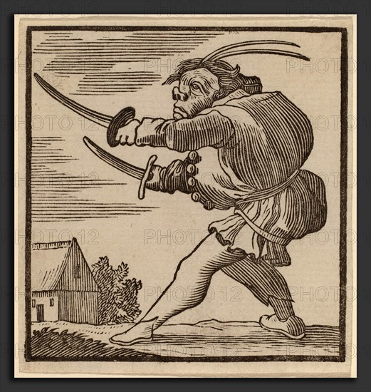 H. Numan after Jacques Callot (Dutch, 1728 - 1788), Hunchback Brandishing Two Swords, woodcut on laid paper