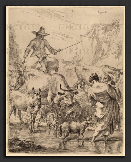 Nicolaes Pietersz Berchem (Dutch, 1620 - 1683), Herd Crossing the Brook, etching