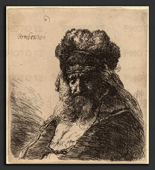 Rembrandt van Rijn (Dutch, 1606 - 1669), Old Bearded Man in a High Fur Cap, with Eyes Closed, c. 1635, etching