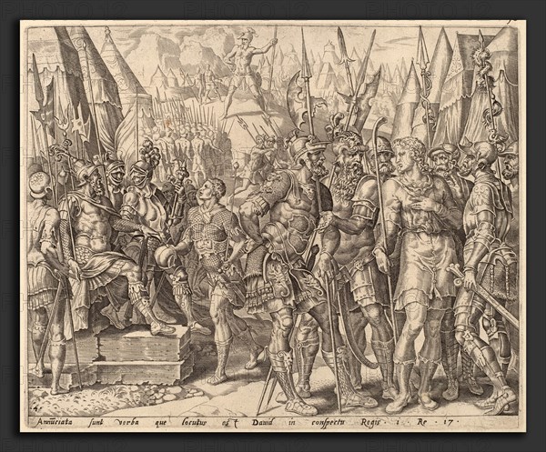 after Maerten van Heemskerck, David's Brother Relating to Him Goliath's Challenge, c.1556, engraving