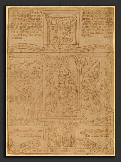 Netherlandish 15th Century, The Baptism of Christ; Pharoah Passing th    rough the Red Sea; Joshua and Caleb, c. 1465, woodcut (block book page)