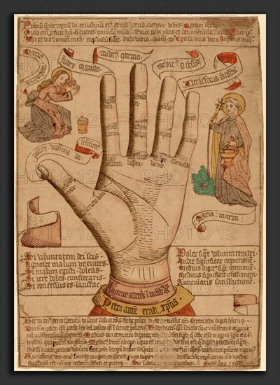 Netherlandish 15th Century, The Hand as the Mirror of Salvation, 1466, woodcut, hand-colored in rose, green, yellow and gray; printed by friction in brown ink