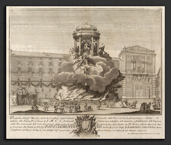 Giovanni Battista Sintes probably after Nicola Michetti (designer and architect) (Italian, c. 1680 - c. 1760), The Council of the Gods, for the "Chinea" Festival, 1732, etching and engraving on laid paper