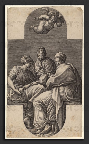 Giorgio Ghisi after Francesco Primaticcio (Italian, 1520 - 1582), Three Muses and a Gesturing Putto, 1560s, engraving on laid paper