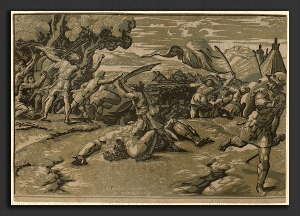 Ugo da Carpi after Raphael (Italian, c. 1480 - 1532), David Slaying Goliath, chiaroscuro woodcut (3 blocks)