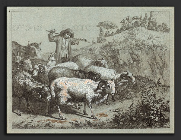 Francesco Londonio (Italian, 1723 - 1783), Shepherd with his Flock, etching heightened with white gouache on blue laid paper