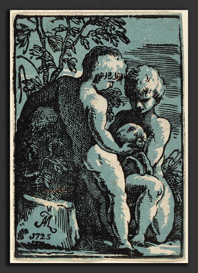 Anton Maria Zanetti (Italian, 1679-1680 - 1767), Two Children Petting a Lamb, 1725, chiaroscuro woodcut printed from two blocks: black line block and blue tone block on laid paper