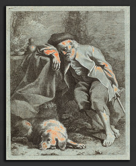 Francesco Londonio (Italian, 1723 - 1783), Sleeping Old Man with Dog, 1759, etching heightened with white gouache on blue paper