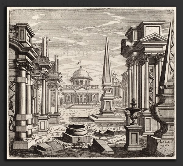 Giuseppe Antonio Landi (Italian, 1713 - 1791), Architectural Fantasy with Obelisks, Ruins, and a Piazza, before 1753, etching and engraving on laid paper