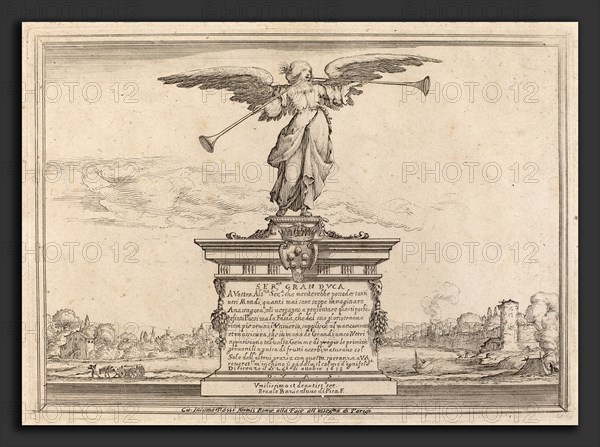 Ercole Bazicaluva (Italian, c. 1610 - 1661 or after), Dedication Page with Statue of Fama, 1638, etching on laid paper