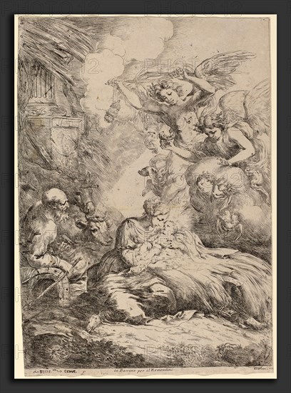 Bartolomeo Biscaino (Italian, 1632 - 1657), The Holy Family Adored by Angels (The Large Nativity), etching