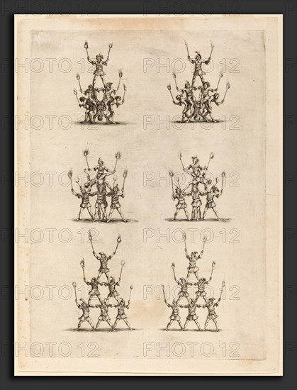 Stefano Della Bella (Italian, 1610 - 1664), Thirty-Six Jugglers Standing in Pyramids, 1652, etching on laid paper