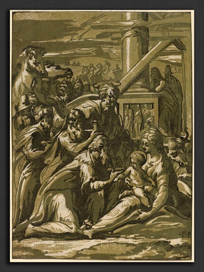 Guiseppe Nicolo Vicentino after Parmigianino (Italian, active first half 16th century), The Adoration of the Magi, chiaroscuro woodcut