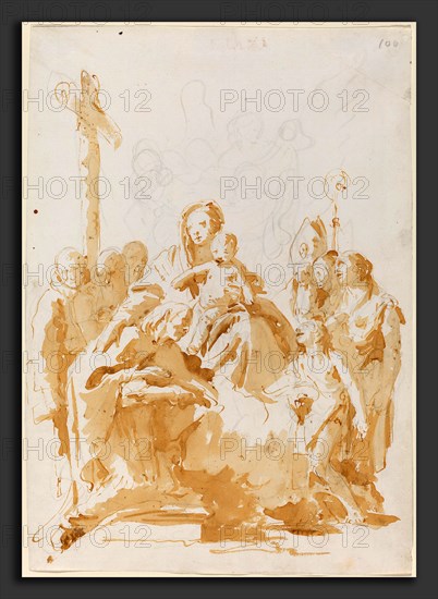 Giovanni Battista Tiepolo (Italian, 1696 - 1770), The Virgin and Child Adored by Bishops, Monks, and Women, 1735-1740, pen and brown ink with brown wash over black chalk on laid paper