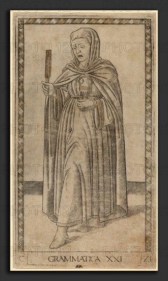 Master of the E-Series Tarocchi (Italian, active c. 1465), Grammatica (Grammar), c. 1465, engraving with gilding